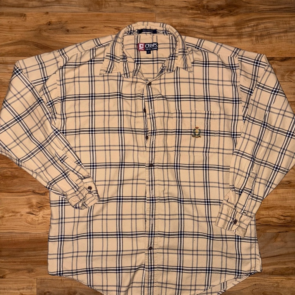 Chaps Men's Cream and Navy Long-Sleeve Plaid Button Down Shirt